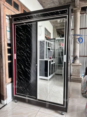 Lemari Pakaian ACP Sliding 2 Pintu Motif Marmer Hitam + Cermin | 120×190 cm | Rangka Aluminium